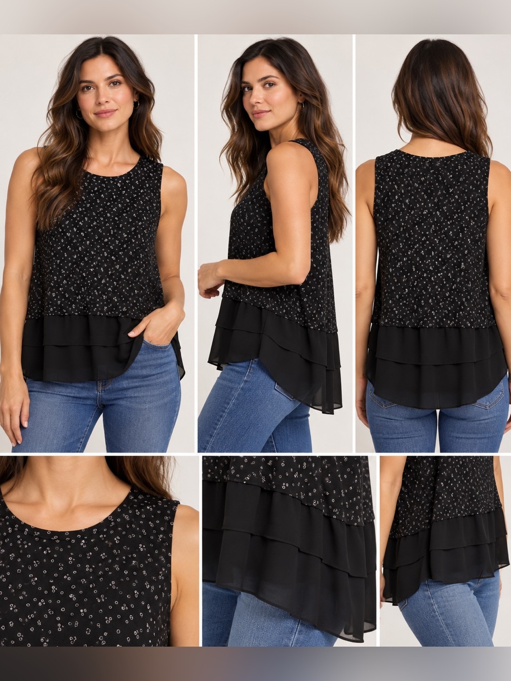 Loft Women’s Sleeveless Black Floral Tiered Ruffle Tank Top Blouse Size Large